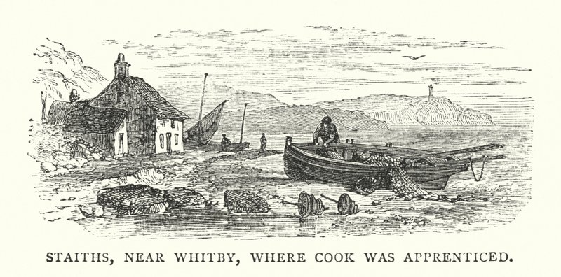 Staiths, nær Whitby, der Cook gikk i lære (farget gravering) av English School