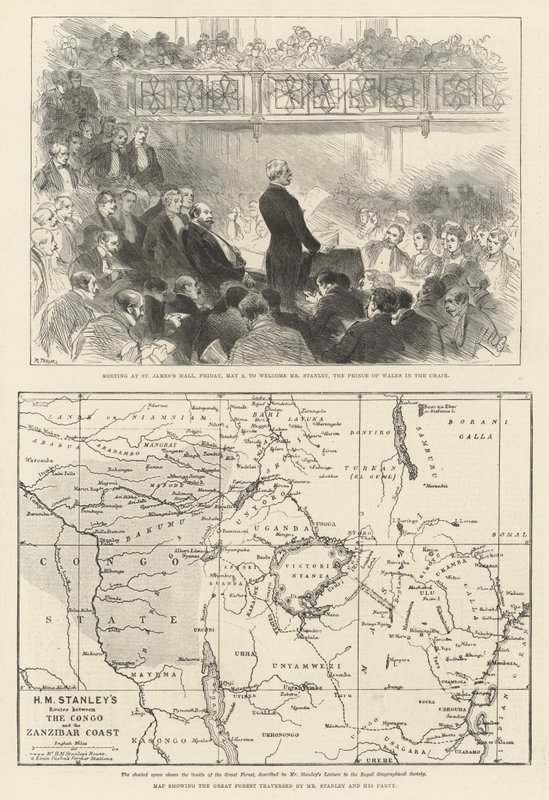 Stanleys foredrag til Royal Geographical Society (gravering) av English School
