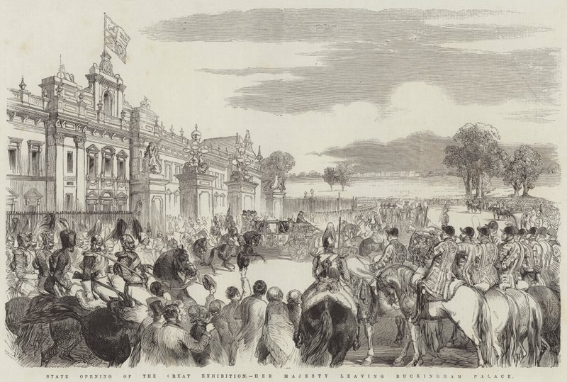 Statlig åpning av den store utstillingen, Hennes Majestet forlater Buckingham Palace (gravering) av English School