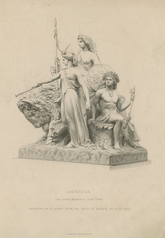Statue som viser Amerika som pryder Albert Memorial av English School