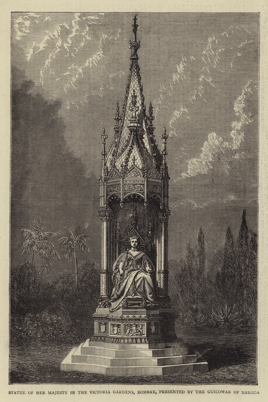 Statue av Hennes Majestet i Victoria Gardens, Bombay, presentert av Guicowar of Baroda (gravering) av English School