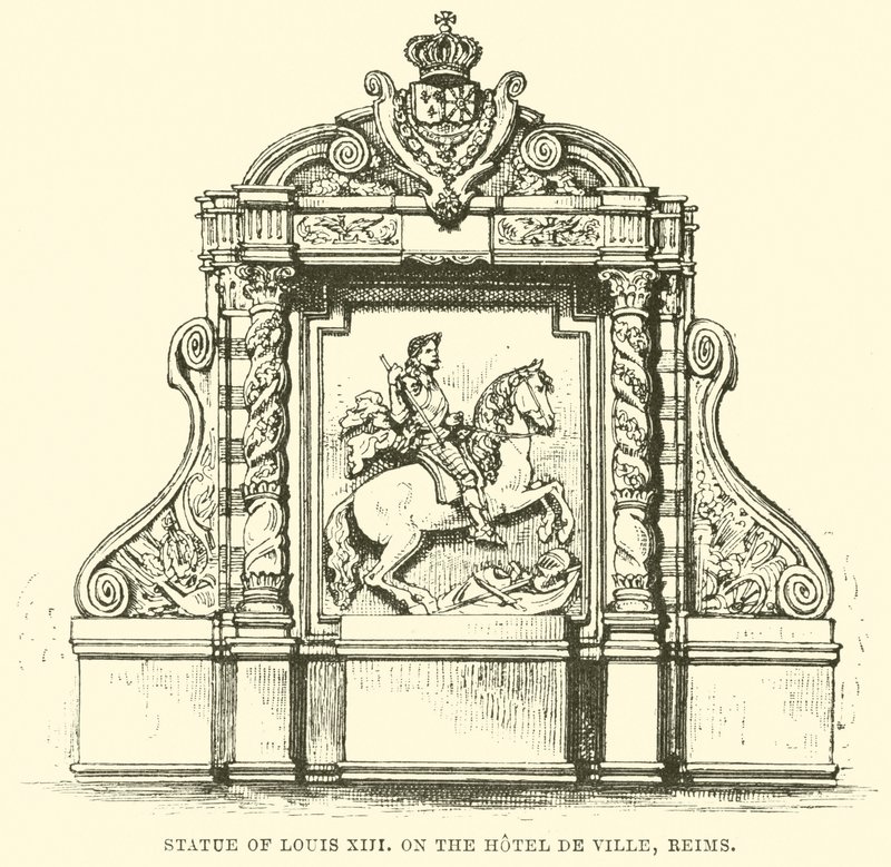 Statue av Louis XIII, på Hotel de Ville, Reims (gravering) av English School