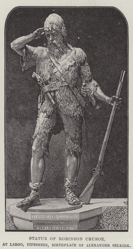 Statue av Robinson Crusoe, ved Largo, Fifeshire, fødestedet til Alexander Selkirk (gravering) av English School