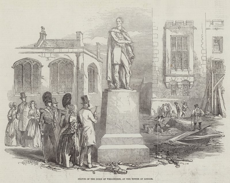 Statue av hertugen av Wellington, ved Tower of London (gravering) av English School