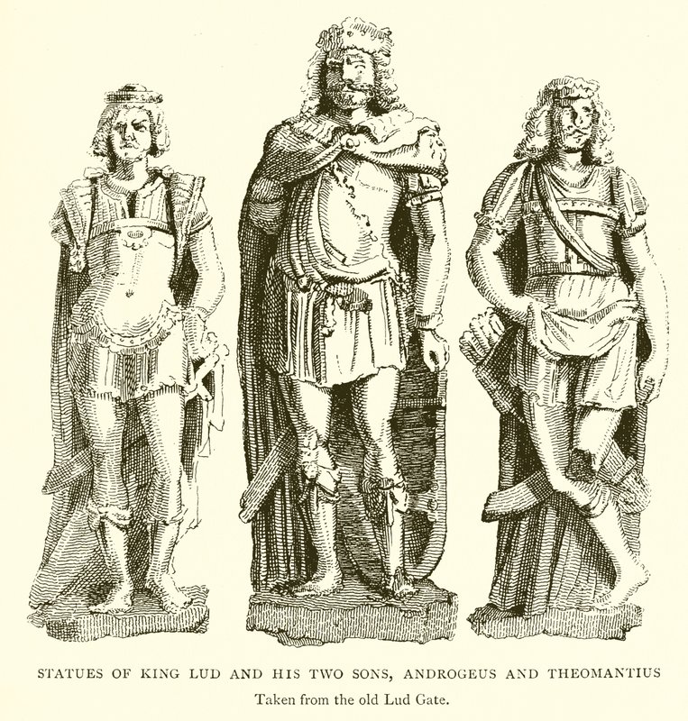 Statuer av kong Lud og hans to sønner, Androgeus og Theomantius av English School