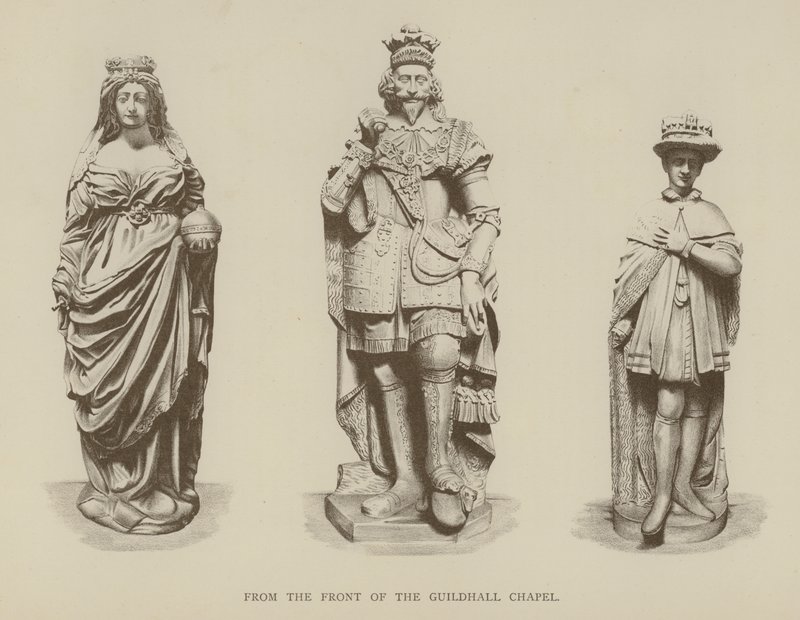 Statuer av dronning Elizabeth I, kong Charles I og kong Edward VI fra forsiden av Guildhall Chapel, City of London av English School