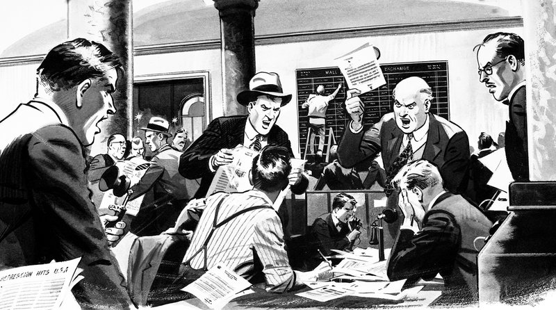 Aksjemeglerkontor under Wall Street Crash i 1929 av English School
