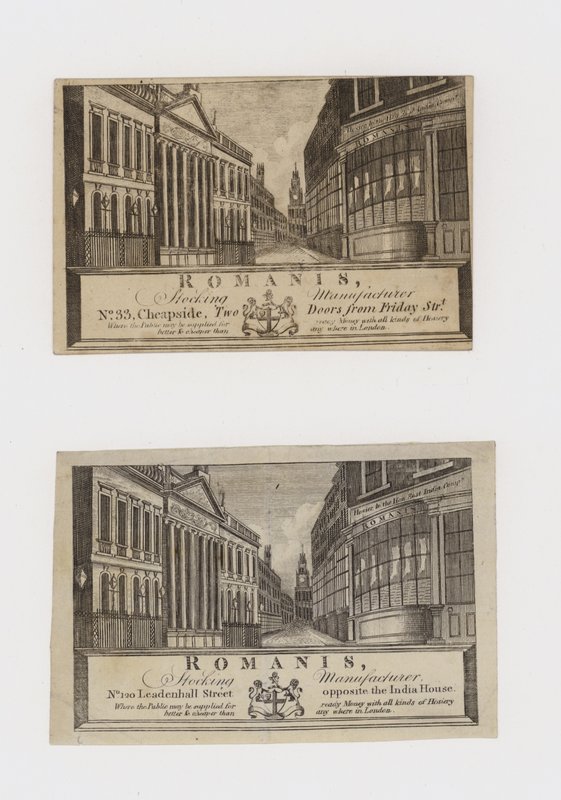 Strømpeprodusenter, Romanis, på Cheapside og deretter på Leadenhall Street, handelskort av English School