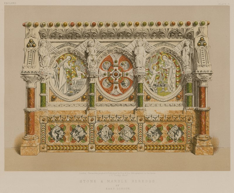 Reredos av stein og marmor av Earp, London (chromolitho) av English School