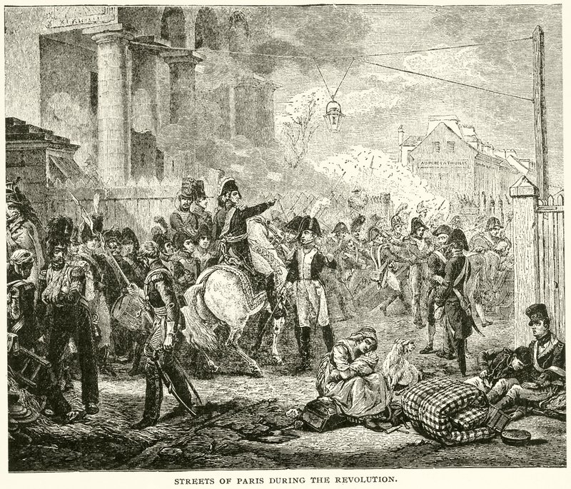 Gatene i Paris under revolusjonen (gravering) av English School