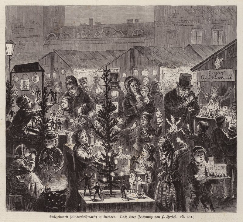 Striezelmarkt julemarked, Dresden, Tyskland (gravering) av English School