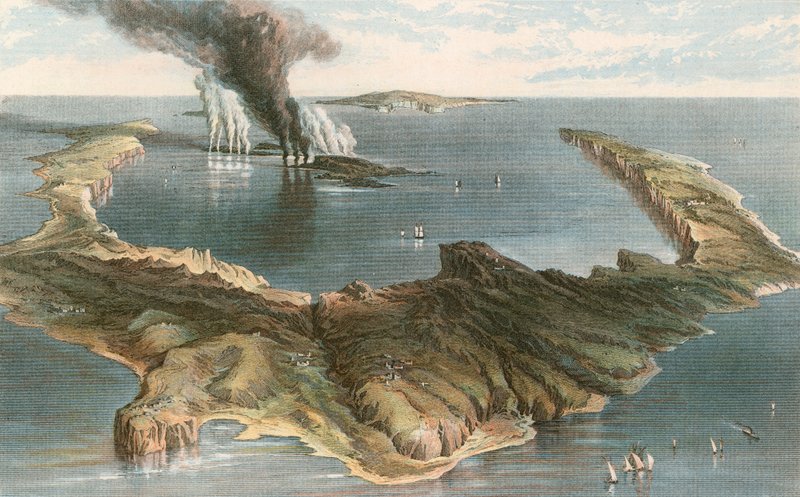 Ubåtvulkan - øya Santorini, under utbruddet i 1866 av English School