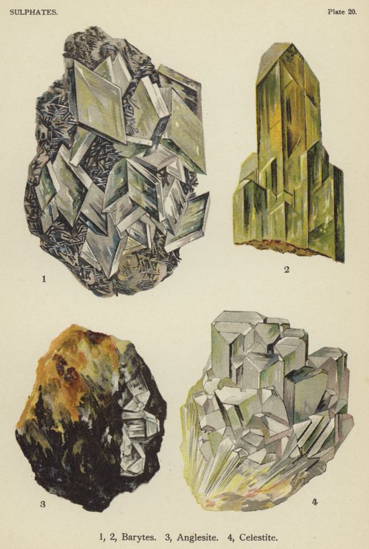 Sulfater, barytter, anglesite, celestite (farge litho) av English School