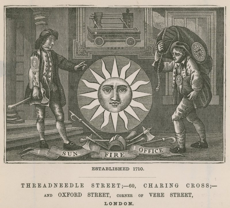 Sun Fire Office, Threadneedle Street, 60 Charing Cross og Oxford Street, London av English School