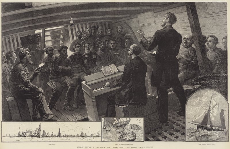 Søndagsgudstjeneste i Nordsjøfiskeflåten, Thames Church Mission (gravering) av English School