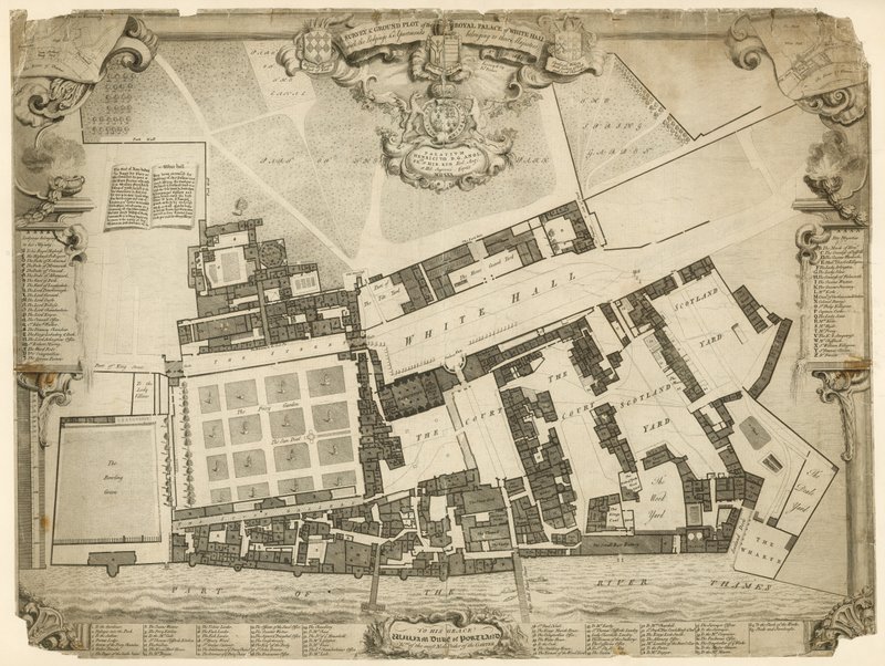 Oppmåling og grunntomt til Royal Palace of Whitehall, 1680, med losji og leiligheter som tilhører deres Majesteter av English School