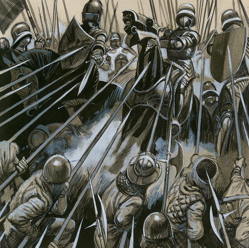 Sveitsiske soldater beseiret den burgundiske hæren i 1476-77 av English School