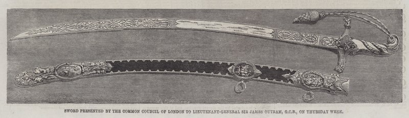 Sword presentert av Common Council of London til generalløytnant Sir James Outram, GCB, torsdag uke (gravering) av English School