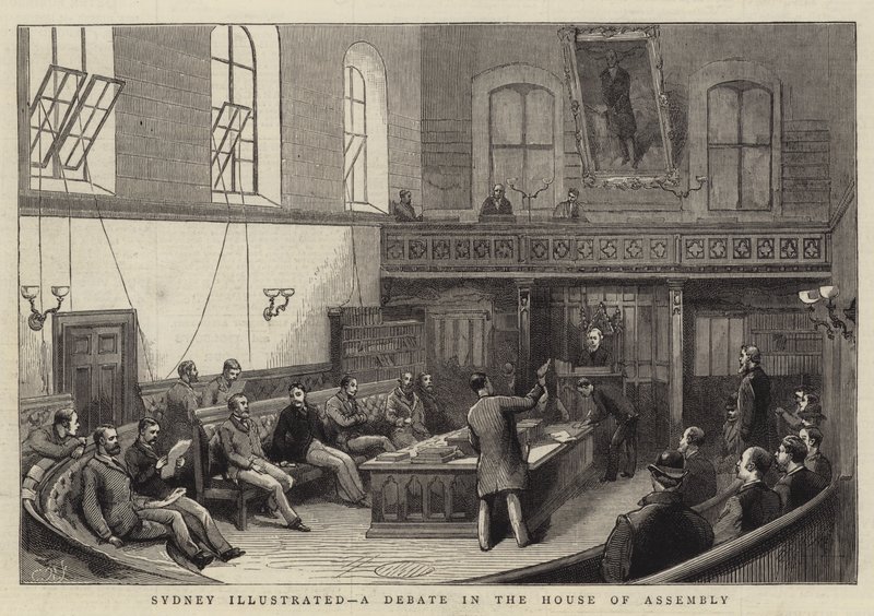 Sydney Illustrated, en debatt i forsamlingshuset (gravering) av English School