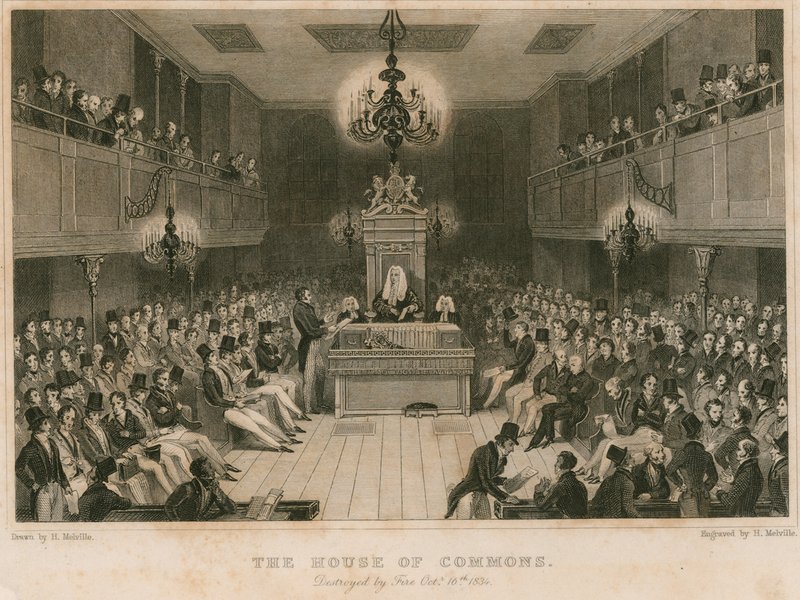 Underhuset, ødelagt av brann, 16. oktober 1834 av English School