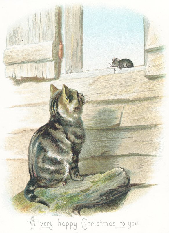 Tabby Cat stirrer på mus, julekort av English School