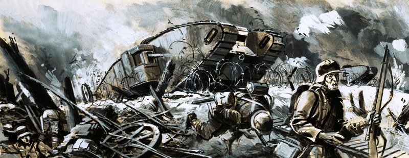 Tanks dukket først opp under første verdenskrig (gouache på papir) av English School
