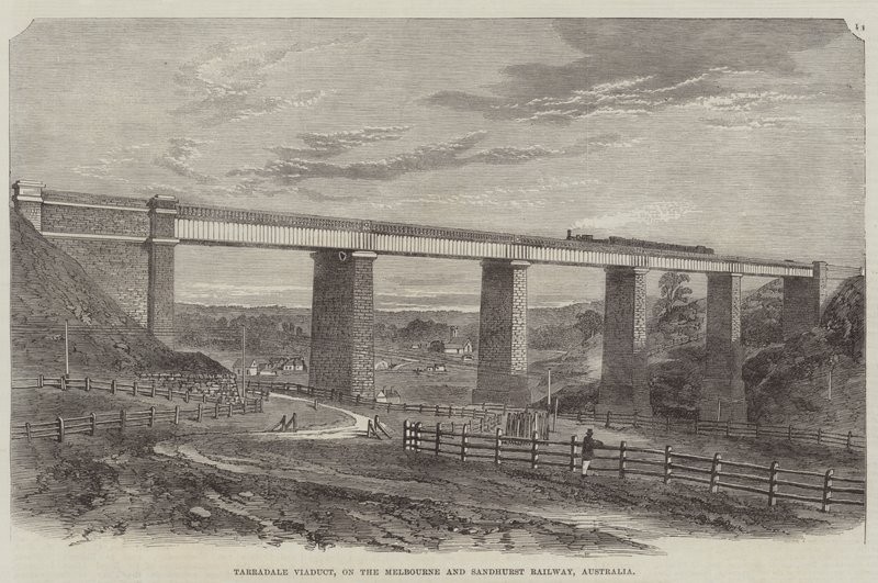 Tarradale Viaduct, på Melbourne og Sandhurst Railway, Australia (gravering) av English School