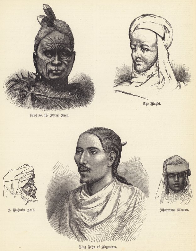 Tawhiao, Maori-kongen, Mahdi, en risharin-araber, kong John av Abyssinia, Khartoum Woman (gravering) av English School