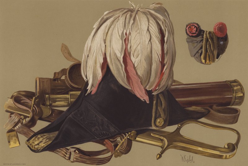 Teleskopet til hertugen av Wellington, og sverdet og hatten som ble båret av ham på Waterloo (chromolitho) av English School