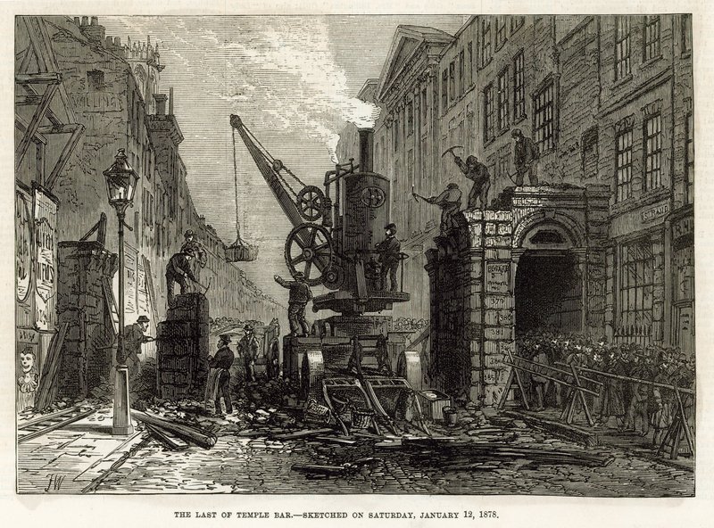 Temple Bar, London. Riving, 12. januar 1878 av English School