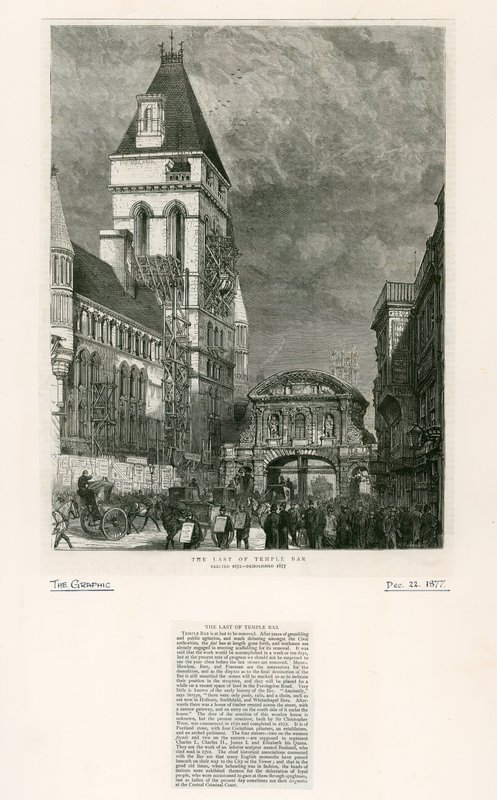 Temple Bar, London. Riving, 1877 av English School