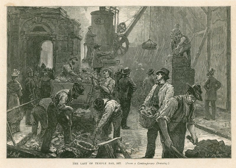 Temple Bar, London, riving, 1877 av English School