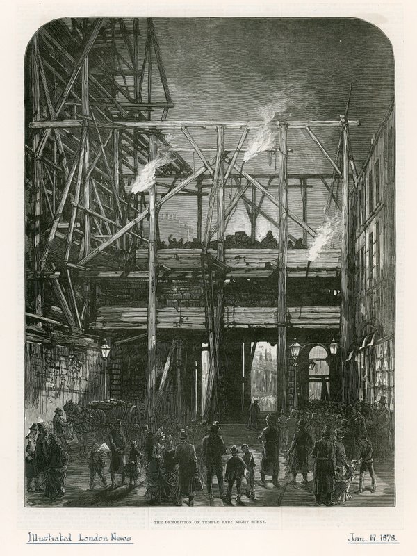 Temple Bar, London. Riving, 1878 av English School