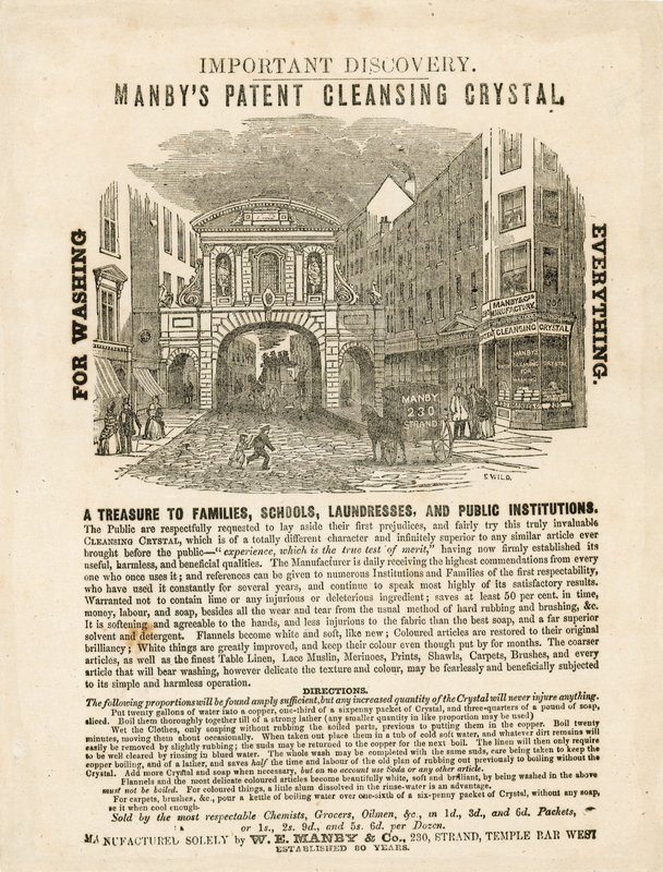 Temple Bar, London. Manbys Patent Cleansing Crystal Annonse av English School