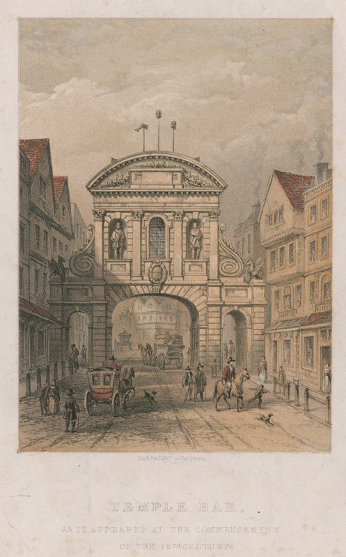 Temple Bar slik den så ut ved begynnelsen av 1700-tallet av English School