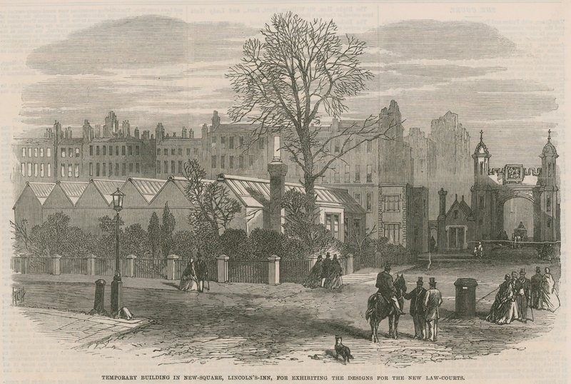 Midlertidig bygning på New Square, Lincolns Inn, for utstilling av designene for de nye lovdomstolene av English School