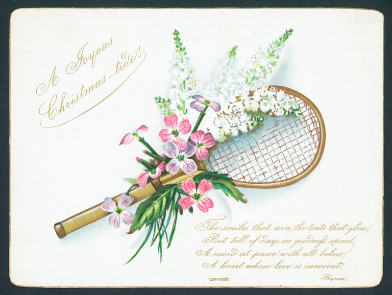 Tennisracket og blomster, julekort. av English School