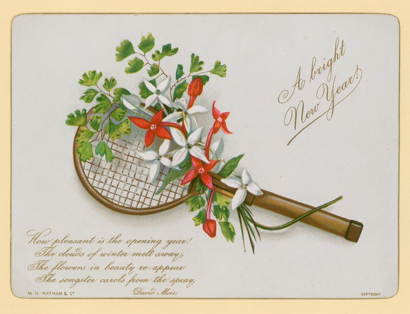 Tennisracket og blomster, nyttårskort av English School