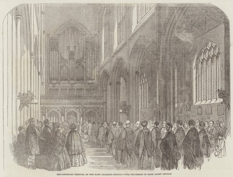 Jubileumsfestival for Bath Grammar-School, prosesjonen i Bath Abbey Church (gravering) av English School