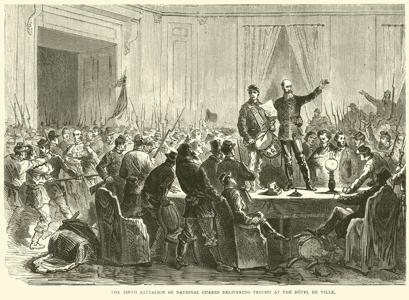 Den 106. bataljonen av nasjonalgardister leverer Trochu på Hotel de Ville, oktober 1870 av English School