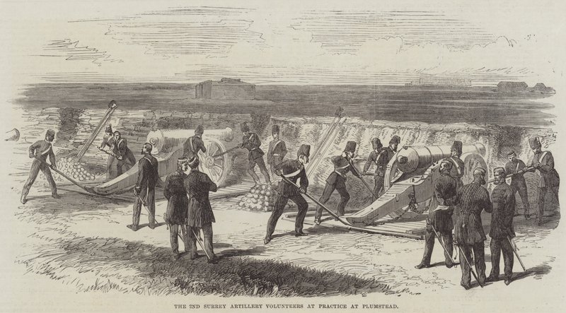 The 2nd Surrey Artillery Volunteers at Practice at Plumstead (gravering) av English School
