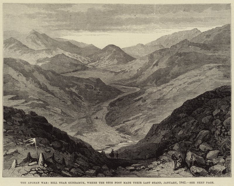 Den afghanske krigen, Hill nær Gundamuk, der 44th Foot gjorde sitt siste standpunkt, januar 1842 (gravering) av English School