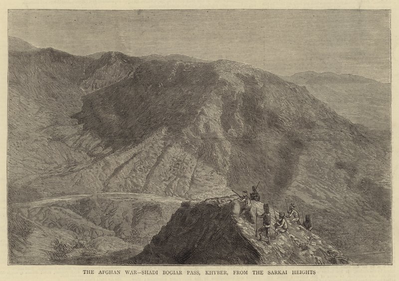 Den afghanske krigen, Shadi Bogiar Pass, Khyber, fra Sarkai-høydene (gravering) av English School