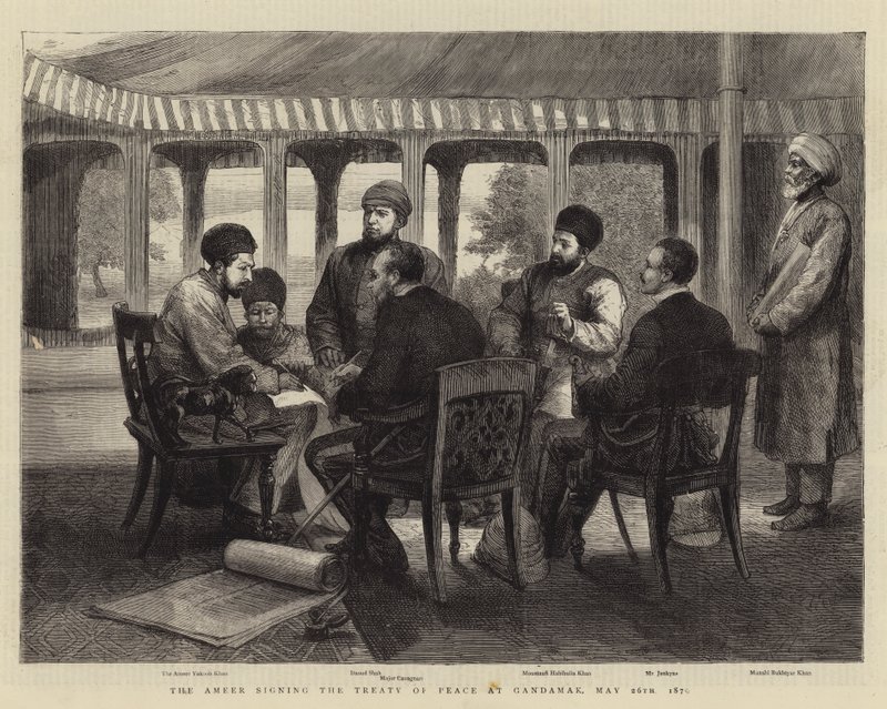 Ameeren signerer fredstraktaten i Gandamak, 26. mai 1879 (gravering) av English School