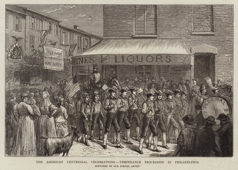 The American Centennial Celebrations, Temperance Procession i Philadelphia (gravering) av English School
