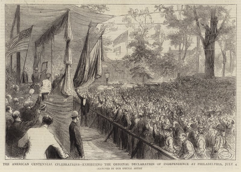 The American Centennial Celebrations, som viser den originale uavhengighetserklæringen i Philadelphia, 4. juli (gravering) av English School