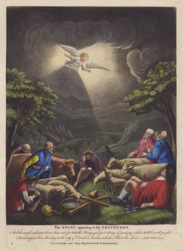 Engelen som viser seg for hyrdene (farge litho) av English School