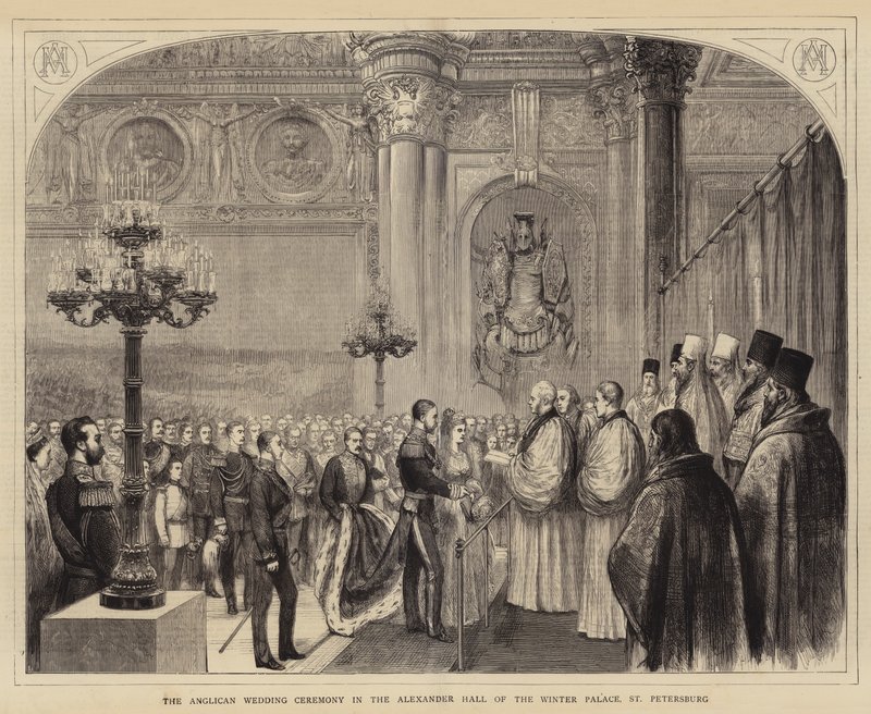 Den anglikanske bryllupsseremonien i Alexander Hall of the Winter Palace, St Petersburg (gravering) av English School
