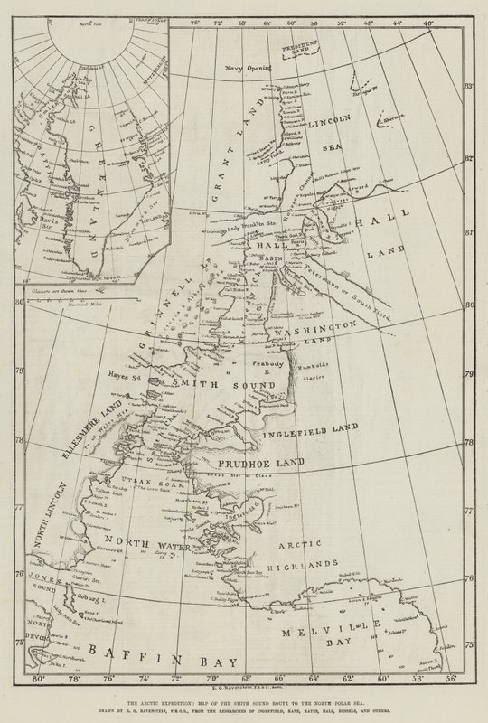 The Arctic Expedition, kart over Smith Sound-ruten til Nordpolarhavet (gravering) av English School