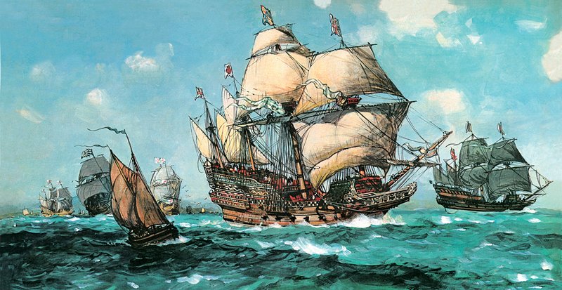 The Ark Royal Seiler for å møte Armadaen (farge litho) av English School